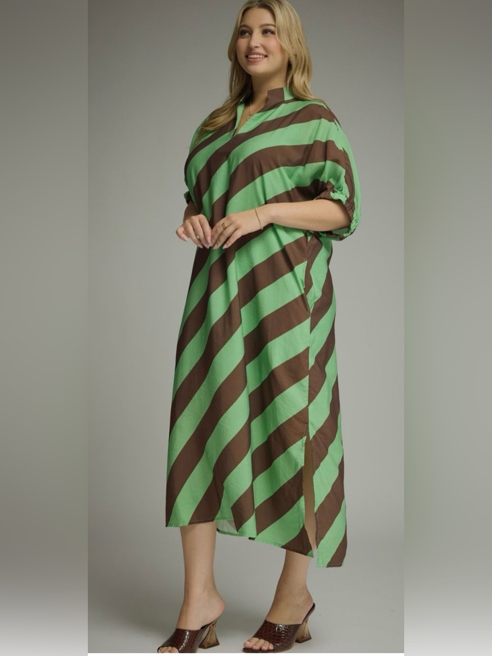 New!Entro Boutique Green & Brown Pocket Diagonal Stripe Midi Dress Size XLarge - Picture 2 of 10
